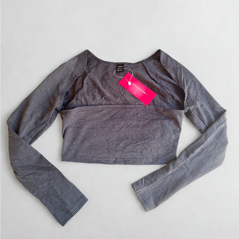 Gray Striped Long Sleeve Crop Top